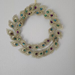Adjustable Glittery Gold and Jewel-Toned Peacock Feather Wreath